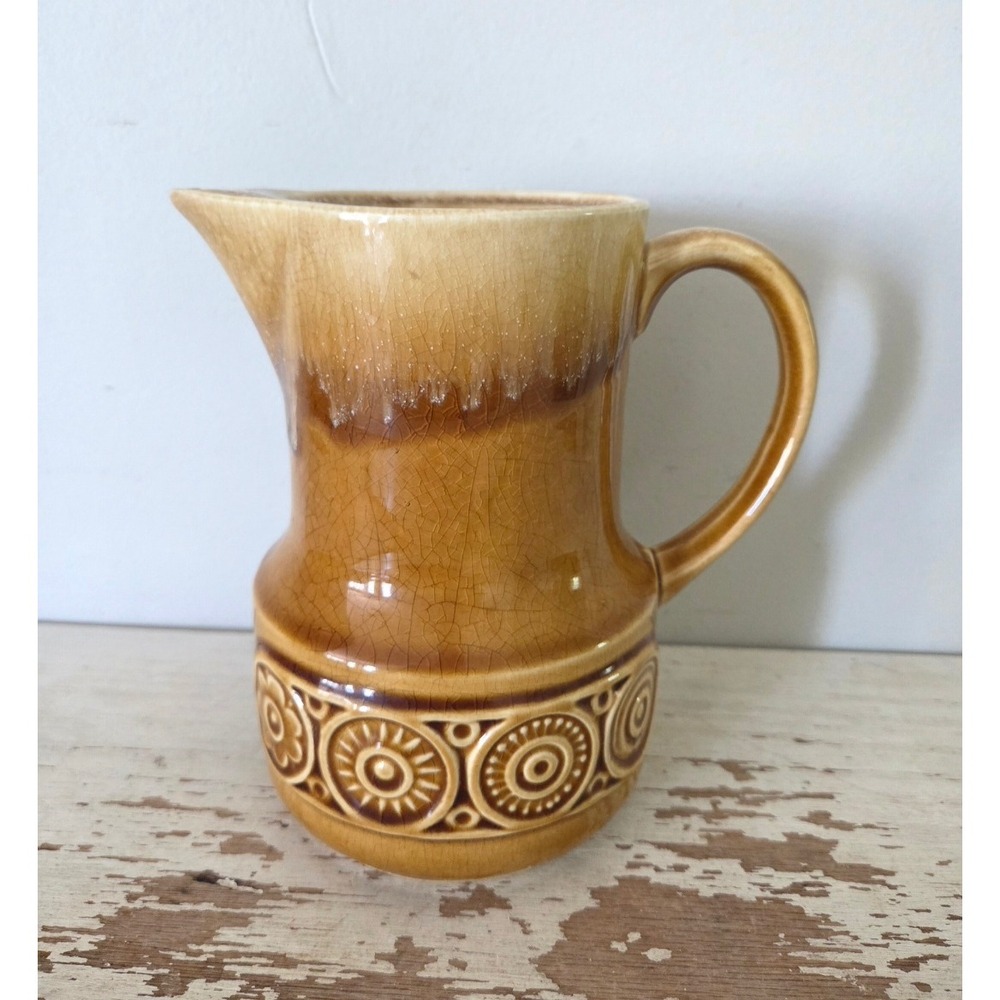 Vintage Japan Ceramic Drip Glaze Pitcher Brown Sunburst Medallion MCM Creamer